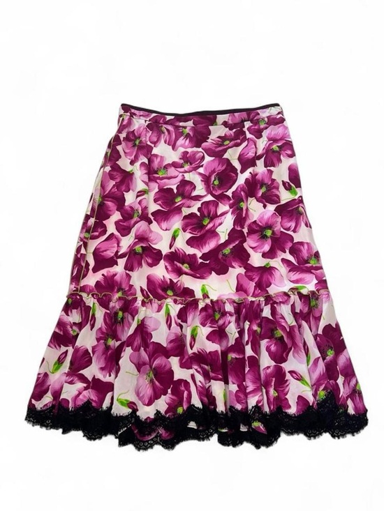Dolce & Gabbana Dresses & Skirts - Dolce & Gabbana Pink & Purple Floral A-Line Midi Skirt with Black Lace